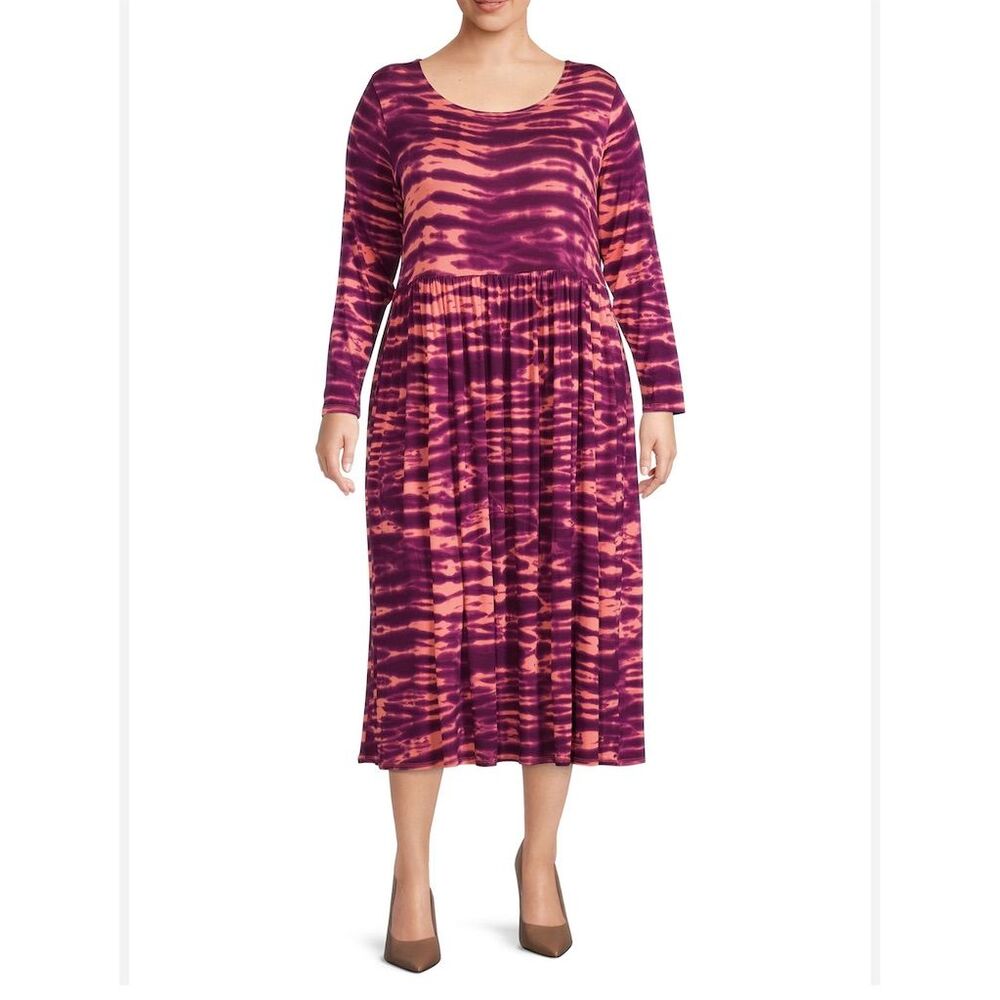 Terra & Sky Women's Plus Tie Dye Babydoll Dress 1X Purple/Orange Knee Length